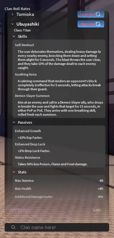Ubuyashiki's entry on the clan screen
