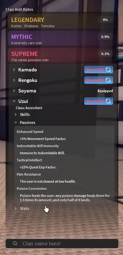 Uzui's passives on the clan screen