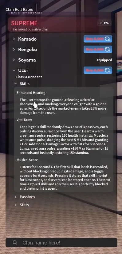 Uzui's skills on the clan screen