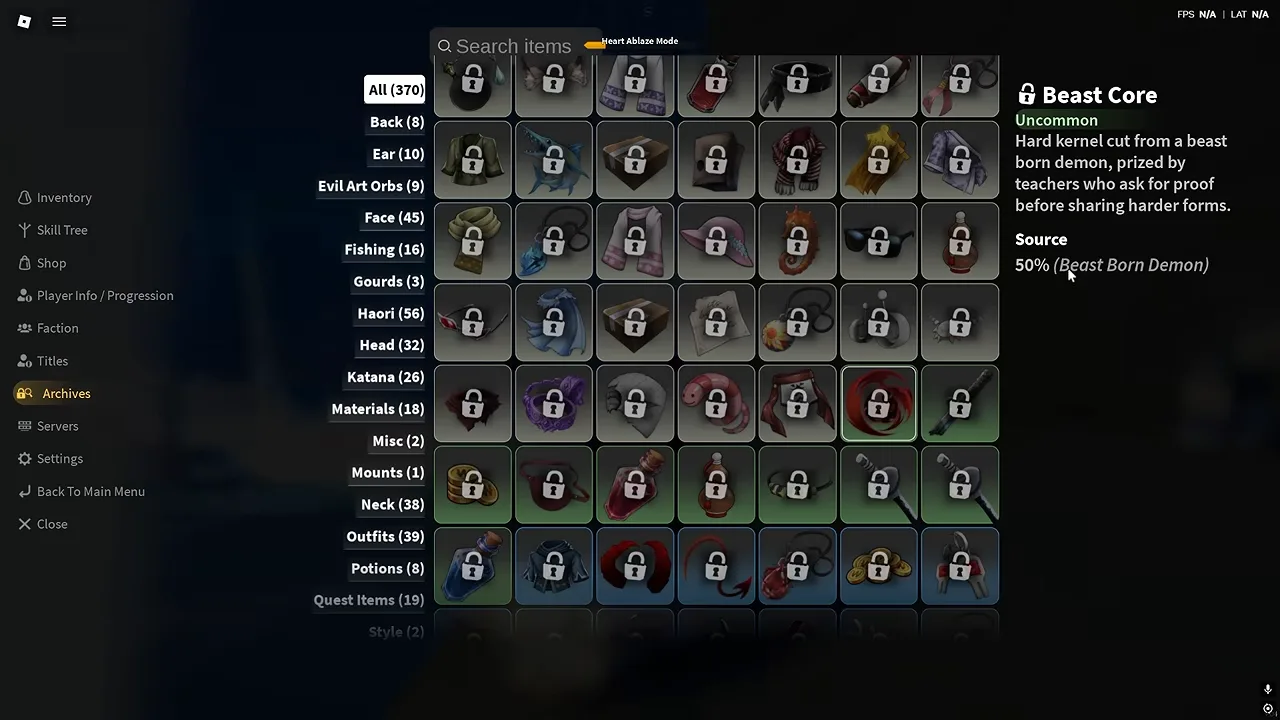 The Archives item screen with the Beast Core entry open and a single drop source