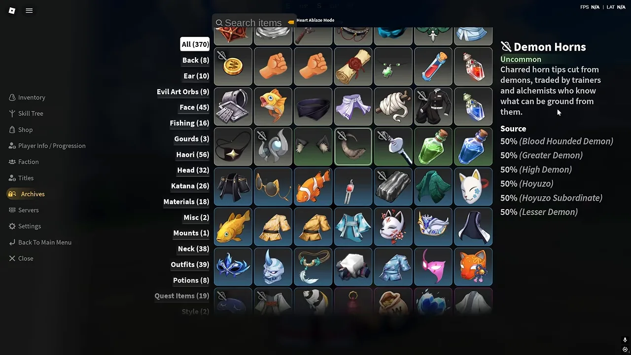 The Archives item screen with the Demon Horns entry open and its drop sources listed
