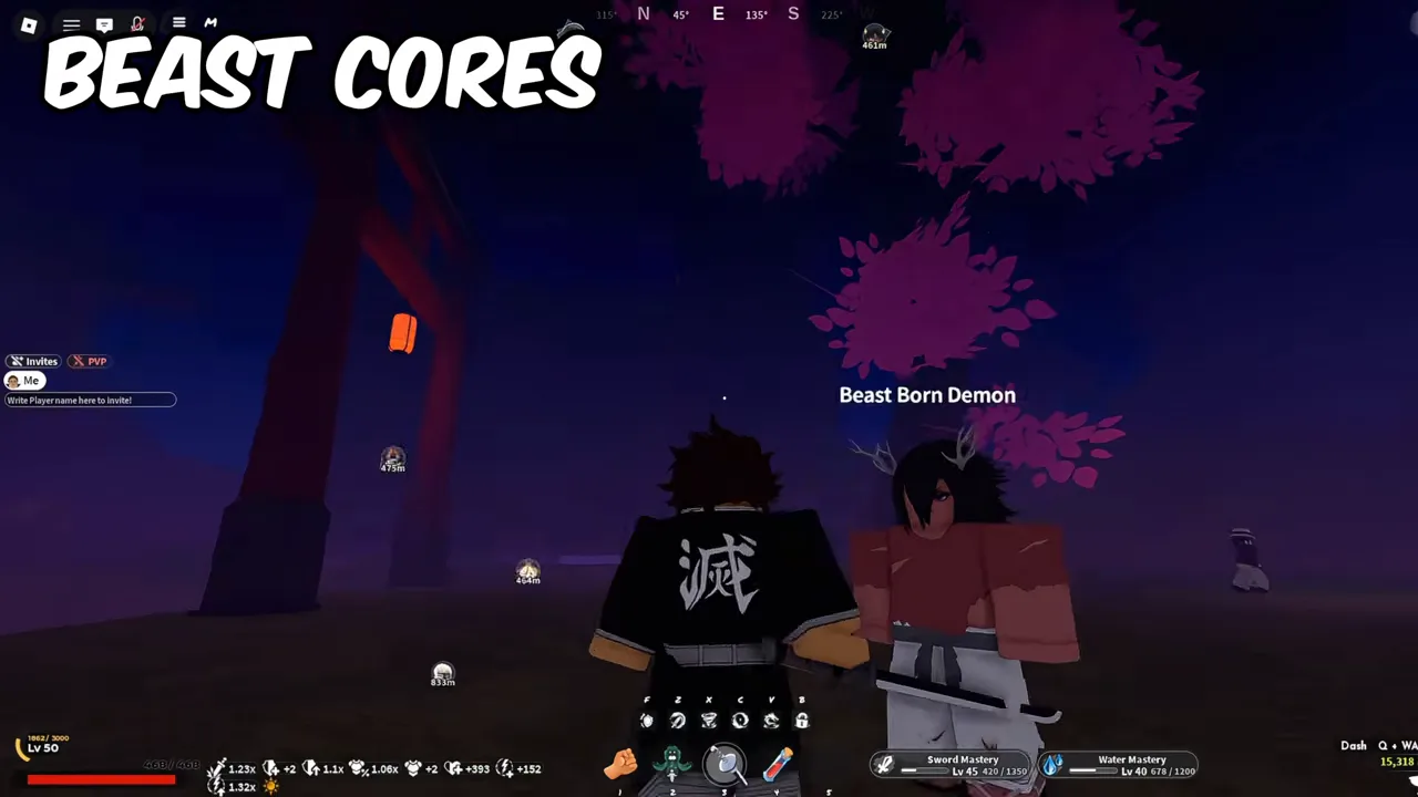 At night, a player stands next to a horned NPC under a pink tree