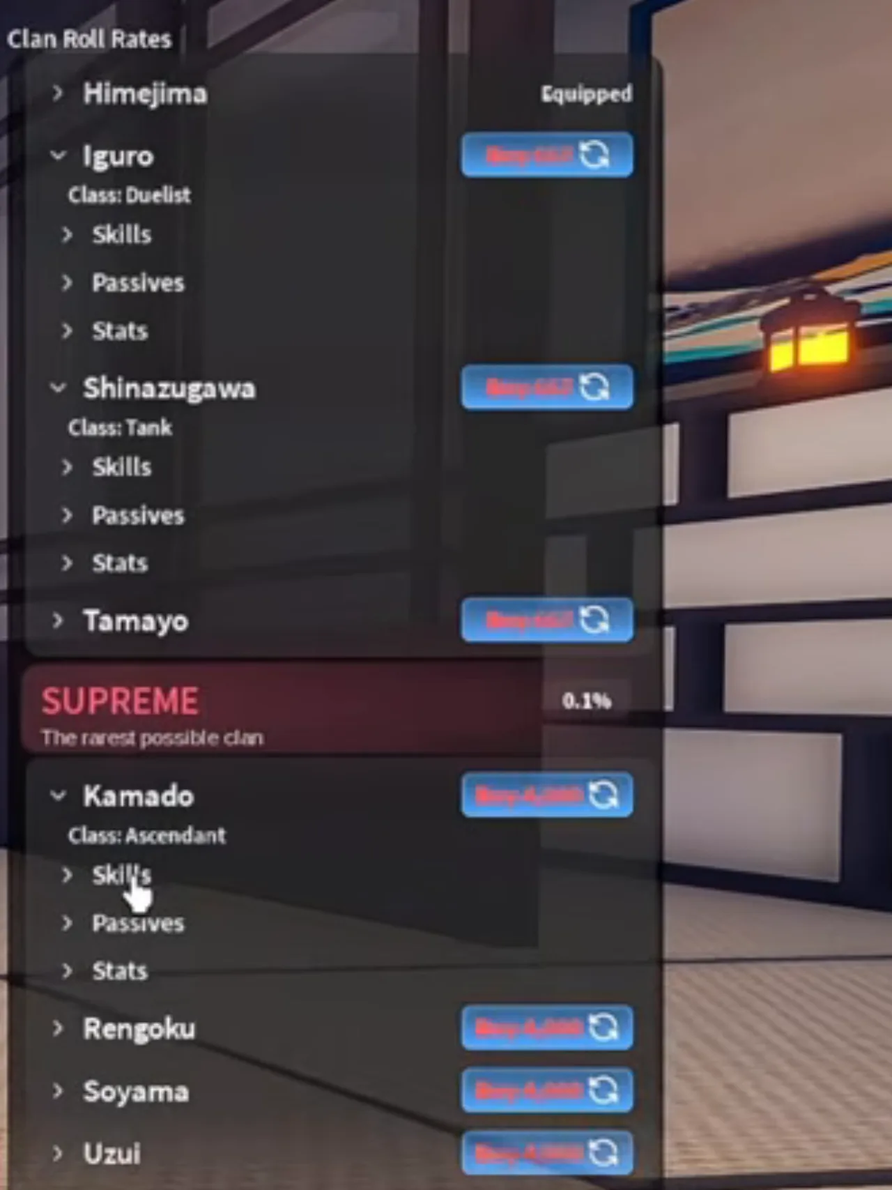 Close-up of the clan list showing class tags under Iguro, Shinazugawa and Kamado