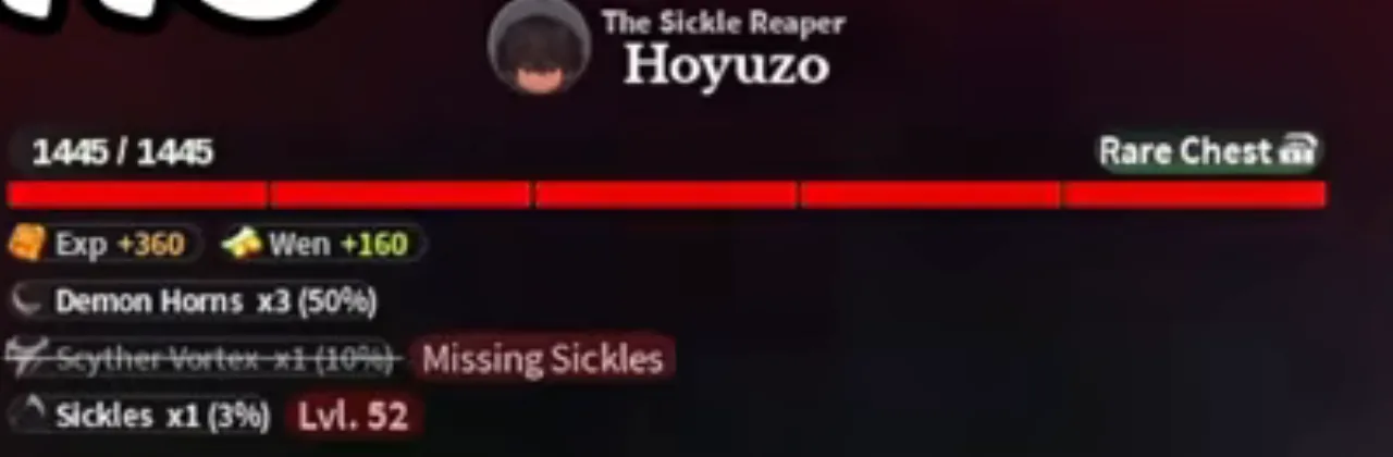 Hoyuzo's health bar with his drop list printed under it