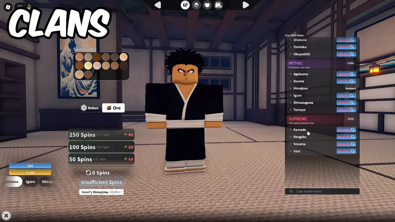 The clan screen on the Ore tab, with three spin packs and the Supreme clans listed on the right