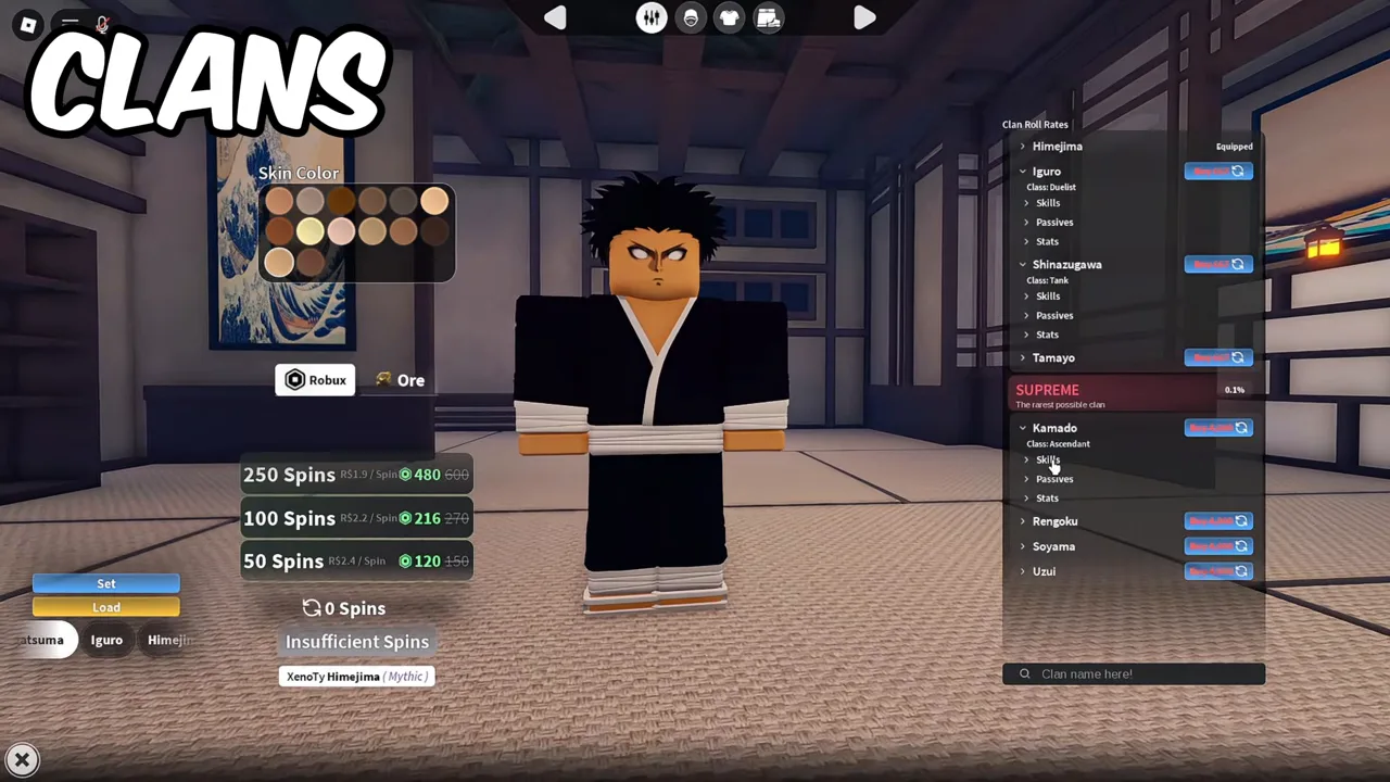 The clan screen on the Robux tab scrolled to the largest spin packs