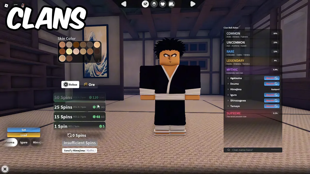 The clan screen with Robux spin packs on the left and the clan roll rates panel on the right