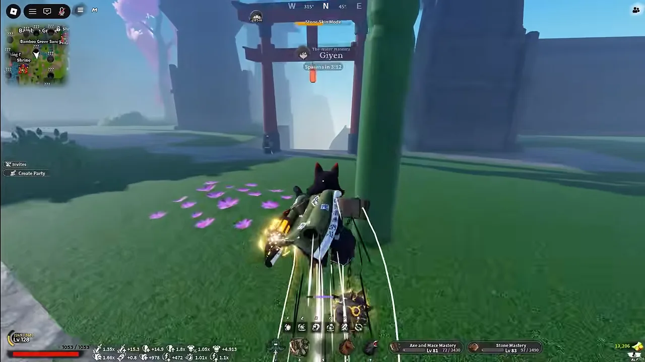 Daytime, a player runs past a red torii gate with a boss timer over it