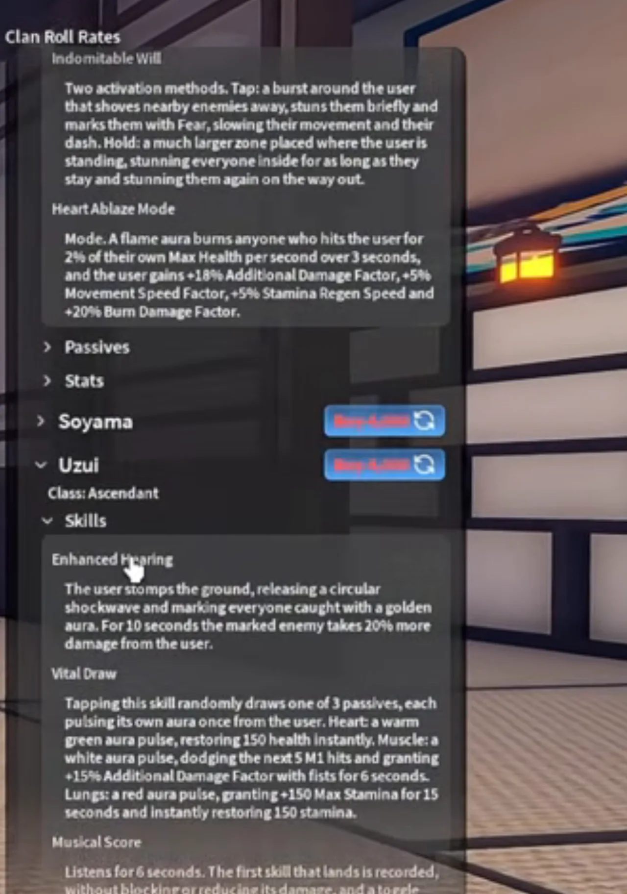 Close-up of two expanded Supreme clan entries with their skill descriptions