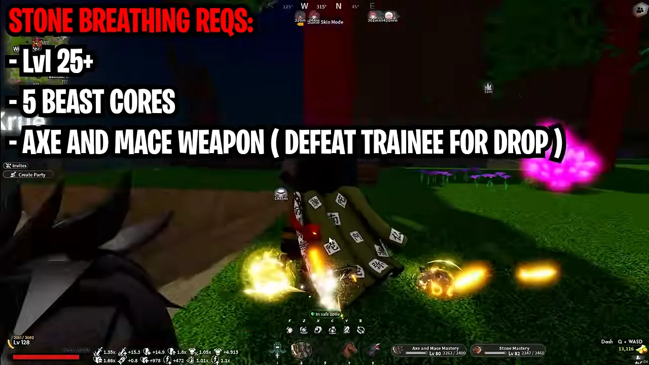 A red caption card over gameplay listing the Stone breathing requirements