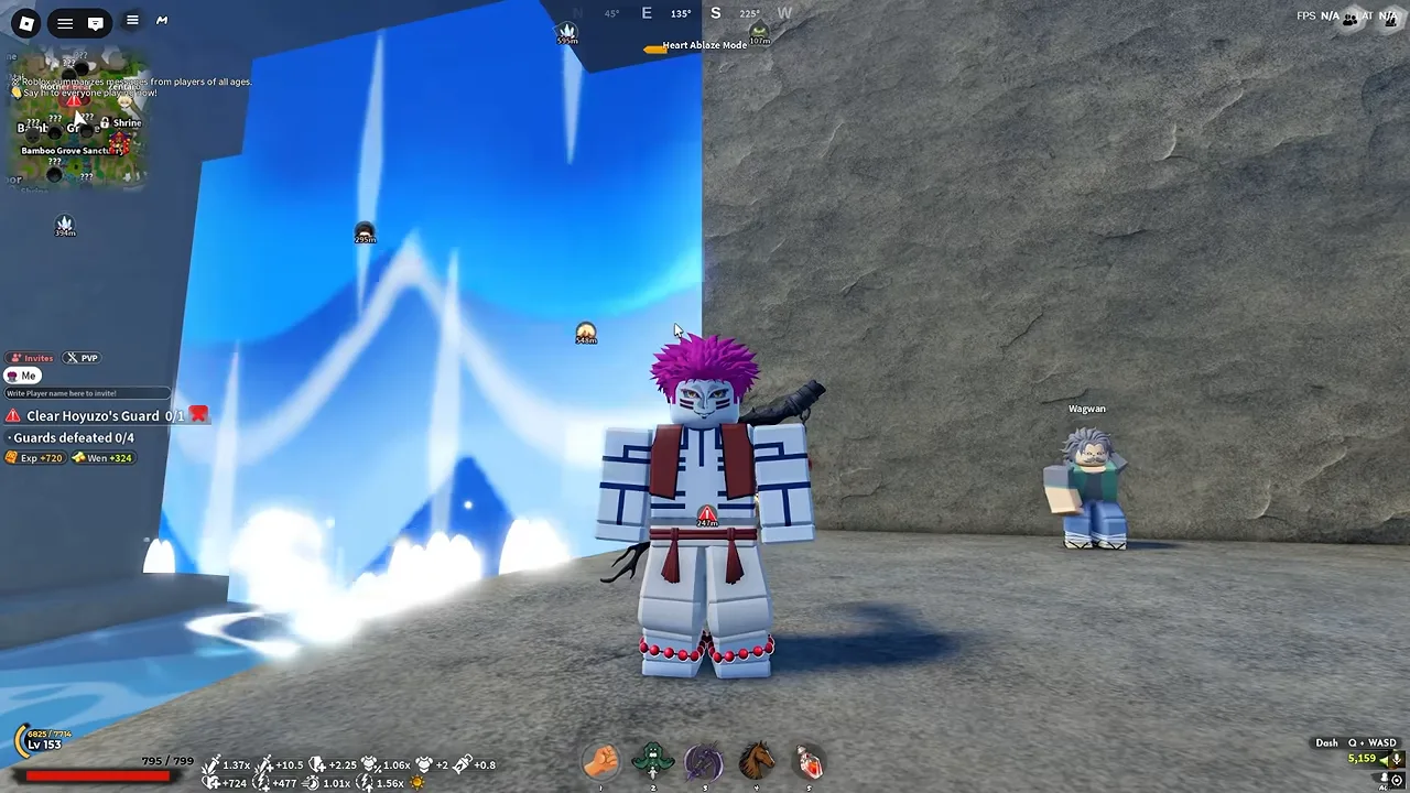 A player by a waterfall with an NPC named Wagwan and a quest tracker on the left