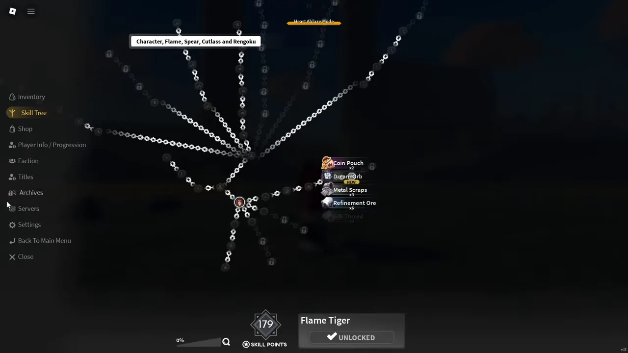 A skill tree with a tab naming Flame, Spear and Cutlass together