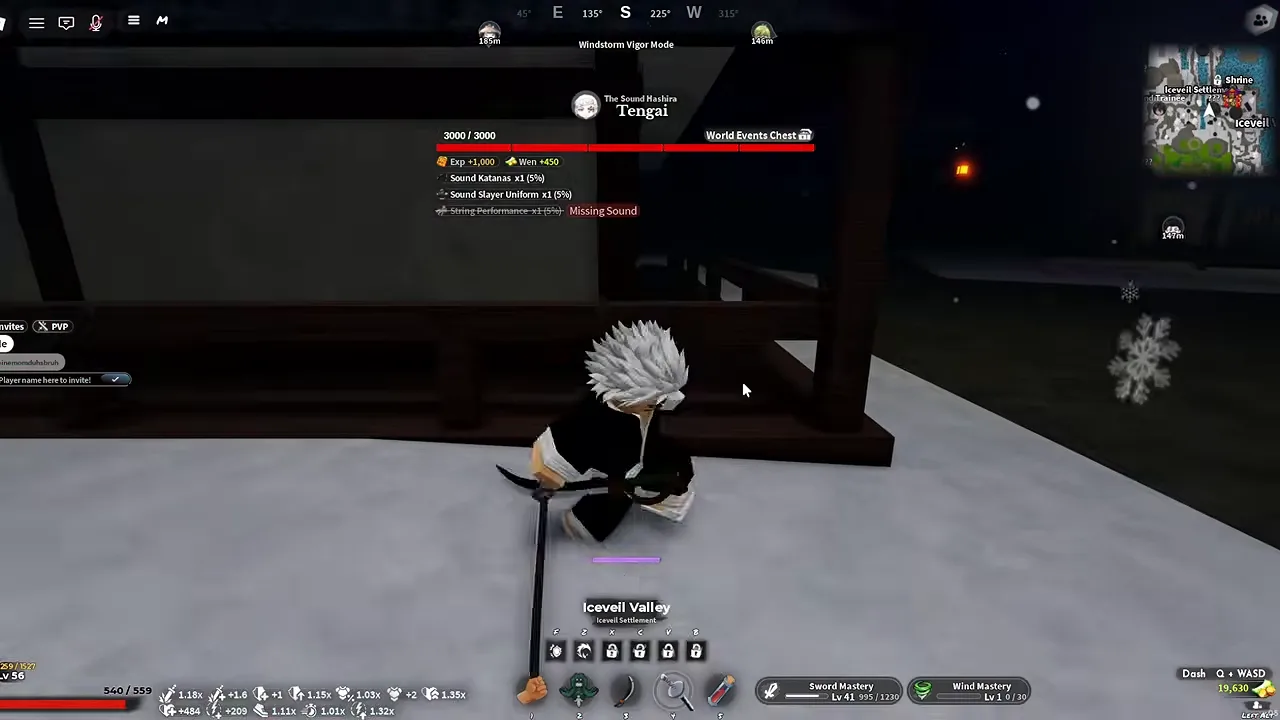 The same player two seconds later holding a straight katana, two mastery bars at the bottom