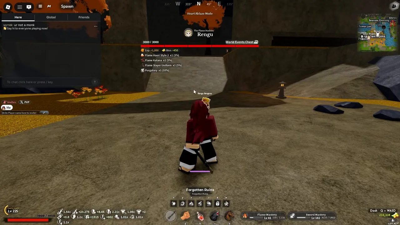 A Slayer below the Flame Hashira's health bar and its drop list