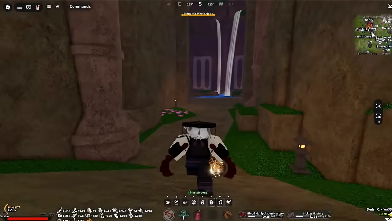 A demon holding red sickles in a cave, eight skill keys over the hotbar