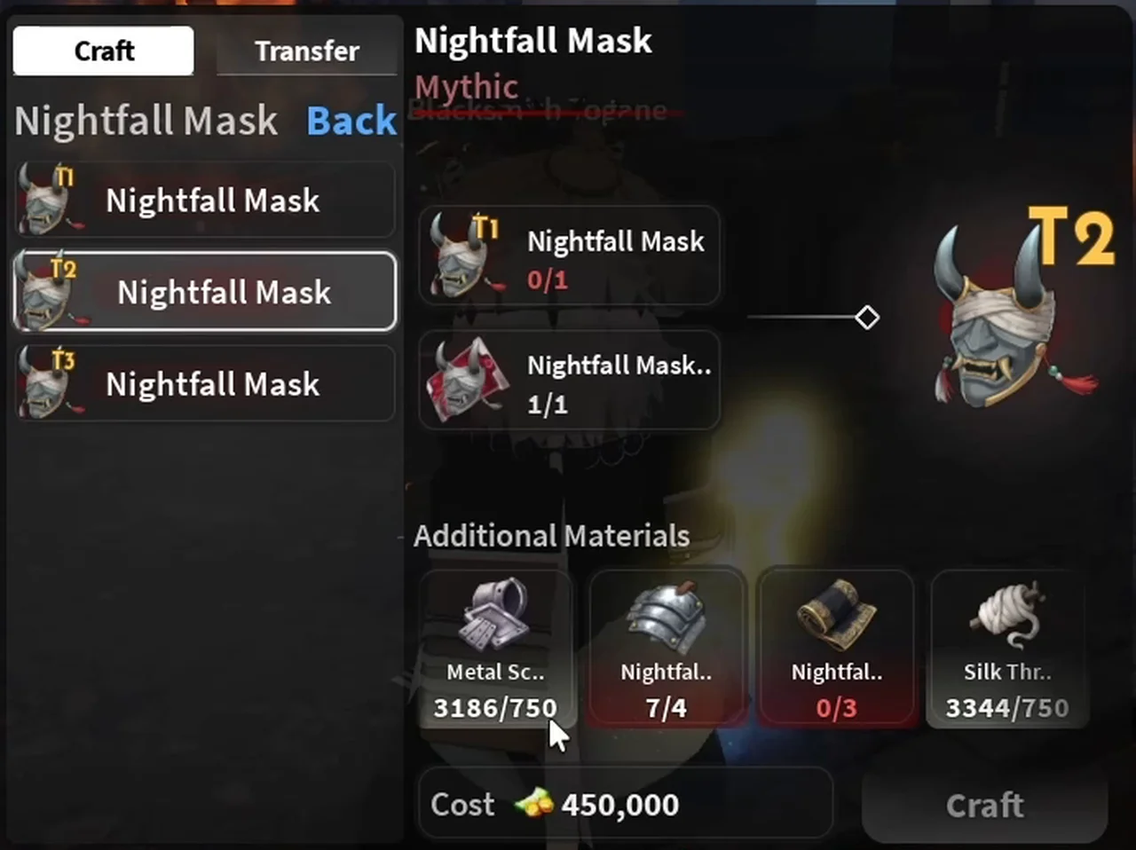 Nightfall Mask Tier 2 recipe with its reduced Wen price