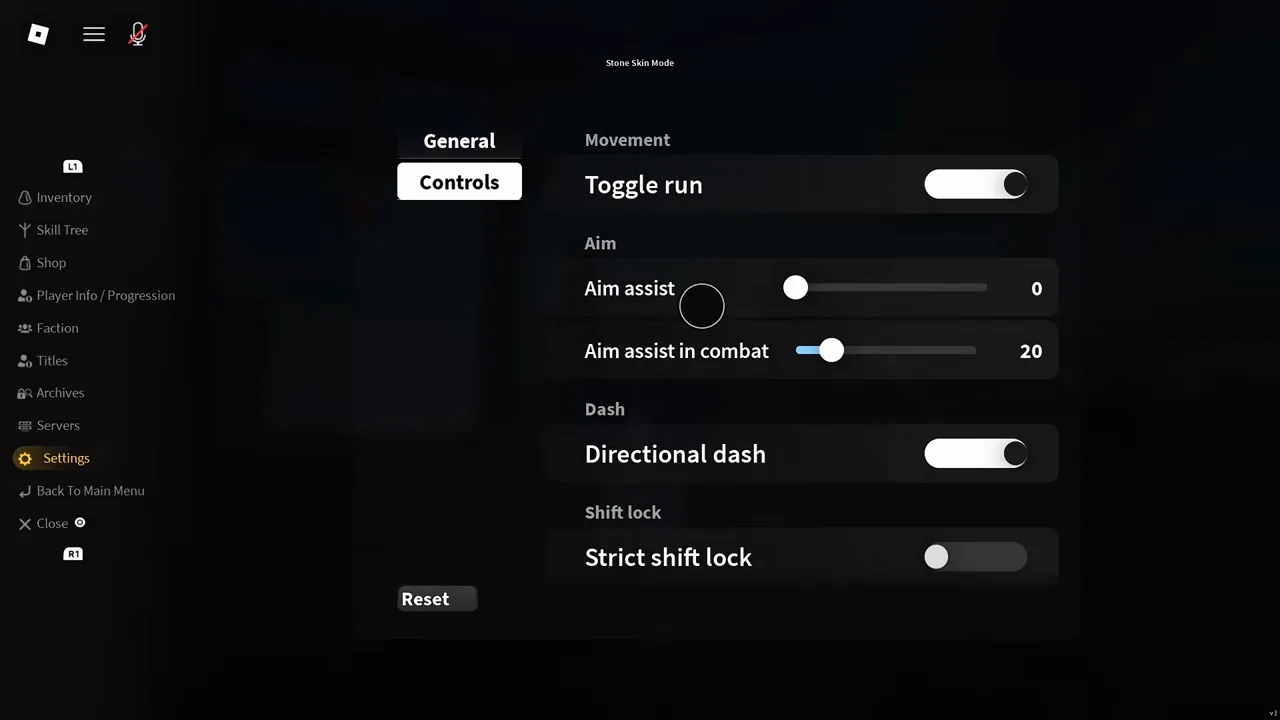 The Controls tab on a PlayStation, with aim assist and dash rows