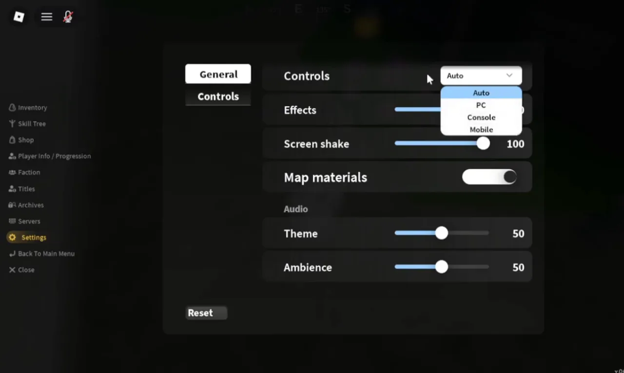 The General settings tab with the Controls dropdown open