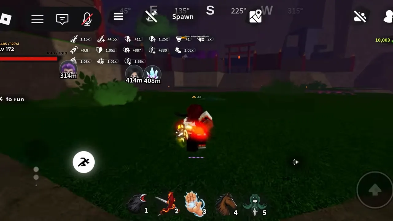 A phone's game screen with a run button, a jump button and icons along the top