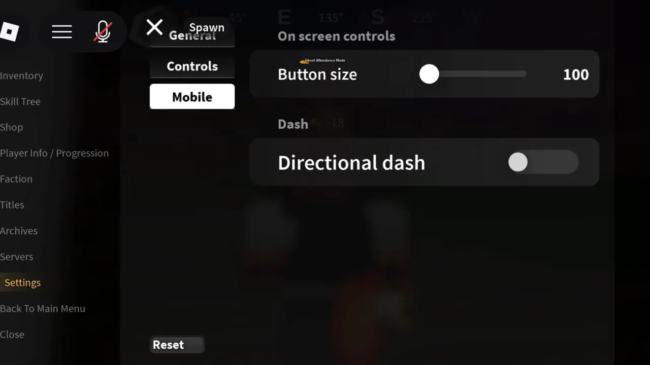 The Mobile settings tab with a button size slider