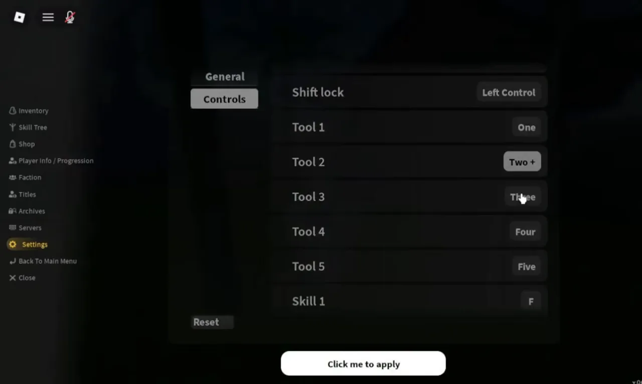 A key being rebound, with an apply button under the list