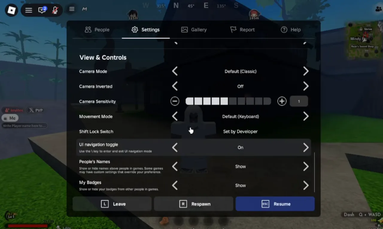 Roblox's own settings menu with the shift lock switch greyed out