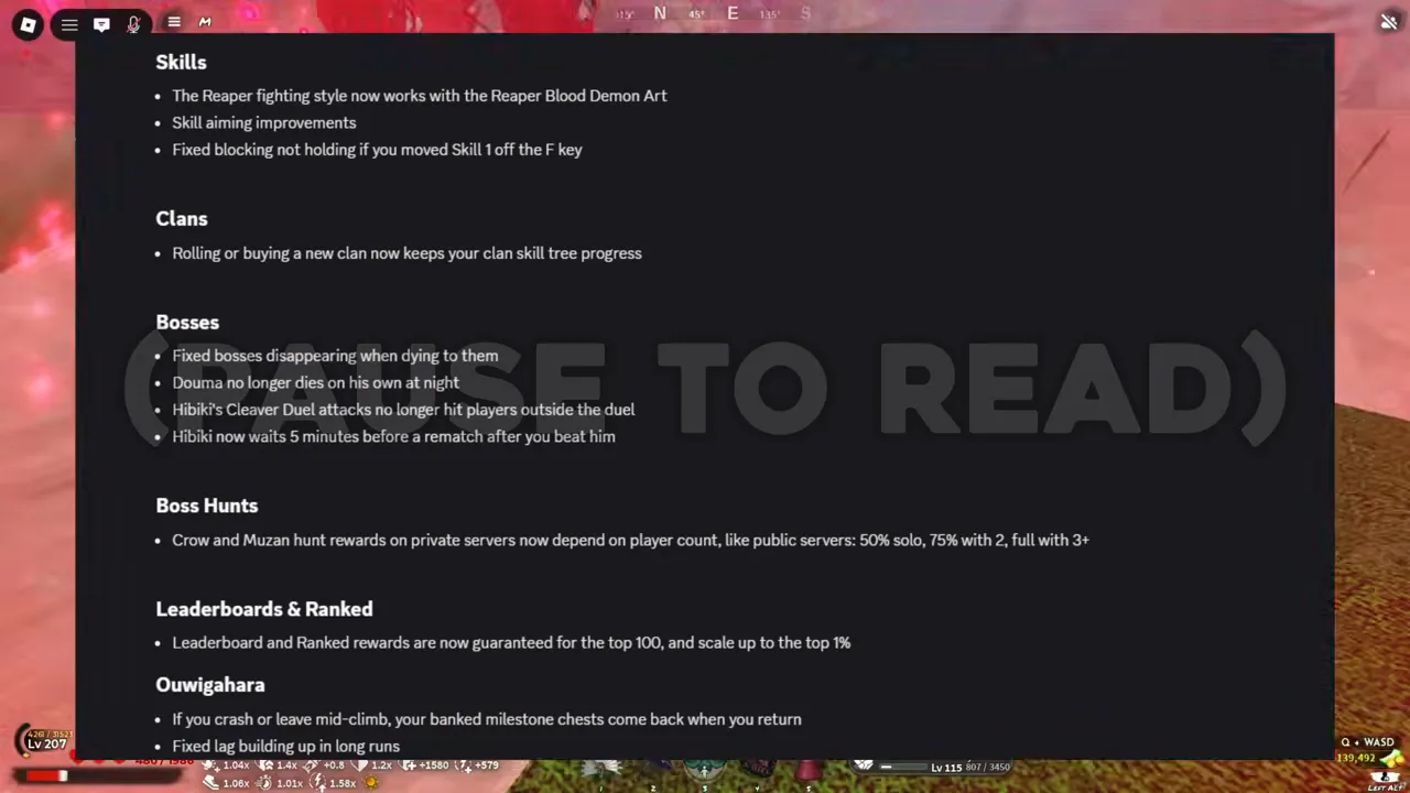 A page of developer update notes pasted over gameplay