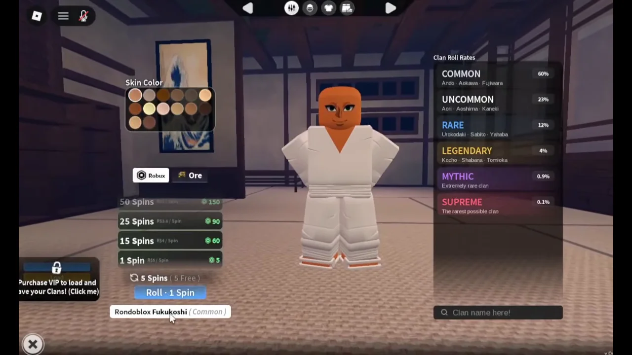 The first customize tab with skin colours and the clan roll panel