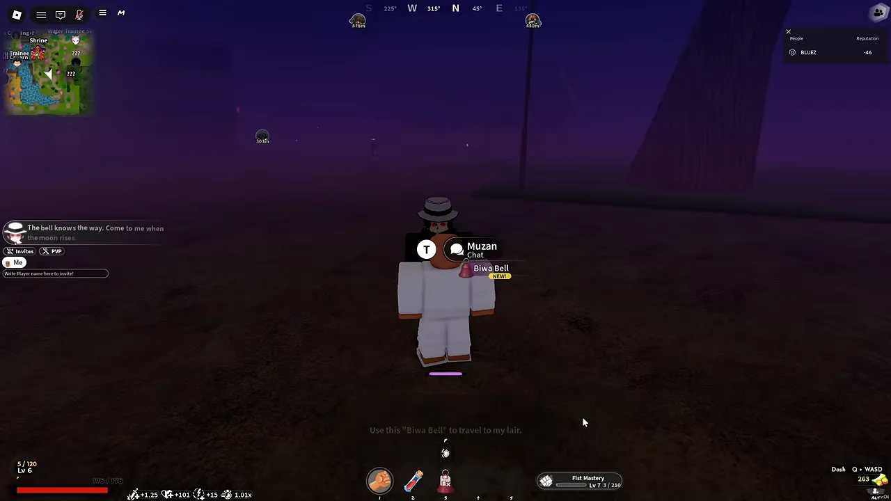 A player at night in a purple-lit field, with a Muzan chat prompt and a Biwa Bell item notice