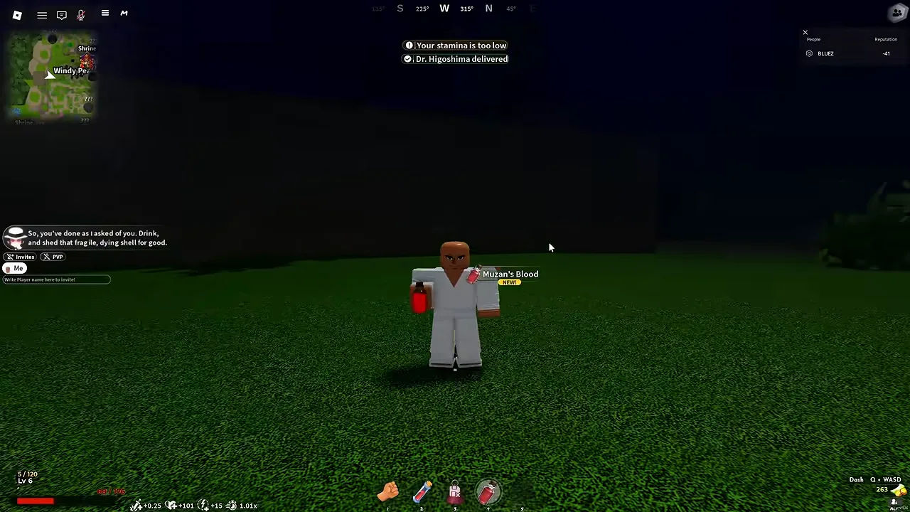 The player on grass at night holding a red bottle, with a delivery notice at the top