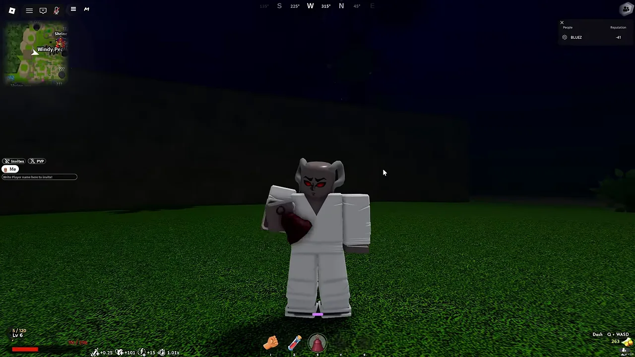 The same character after drinking, now with grey skin, horns and red eyes