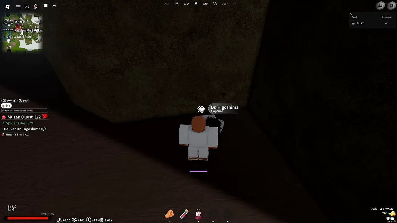 The player in a dark cave next to a crouching NPC with a Capture prompt