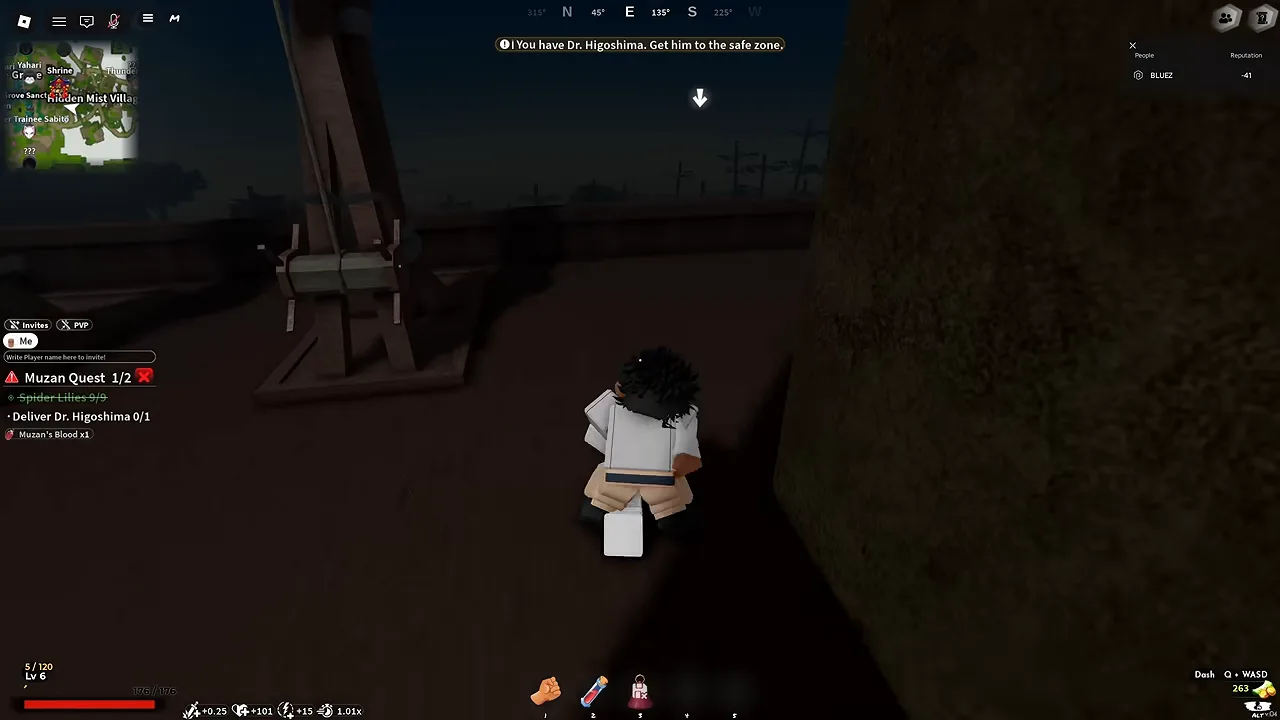 The player carrying an NPC on their back out of a dark wooden area at night
