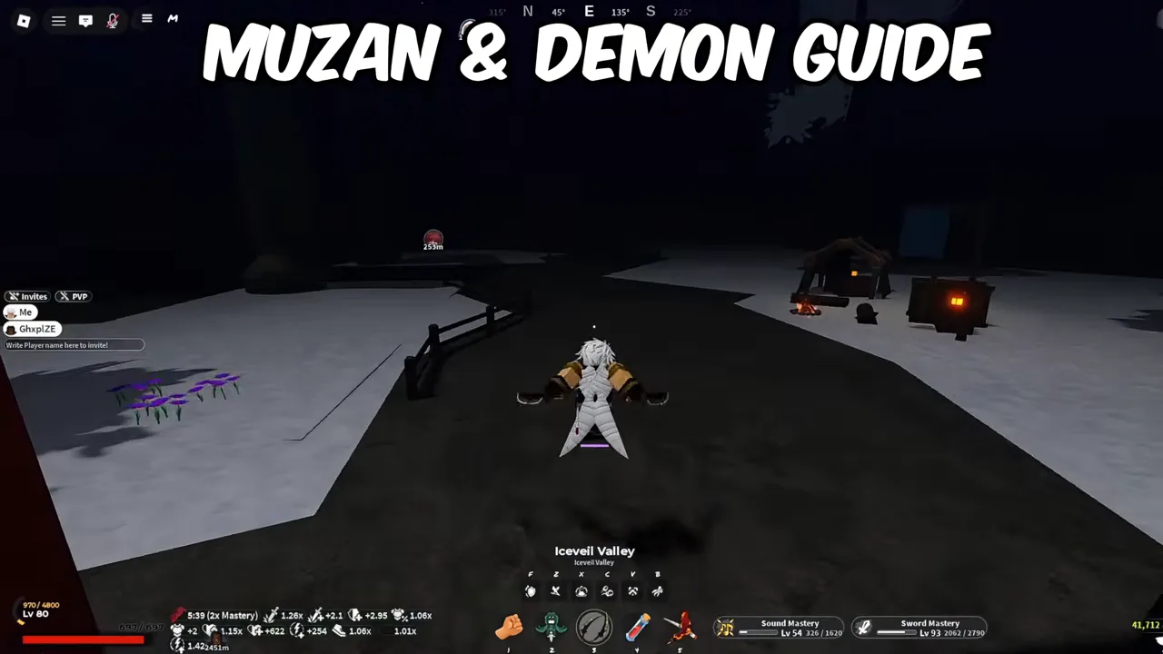 The same player moments later on the snowy path, with an area name banner above the hotbar