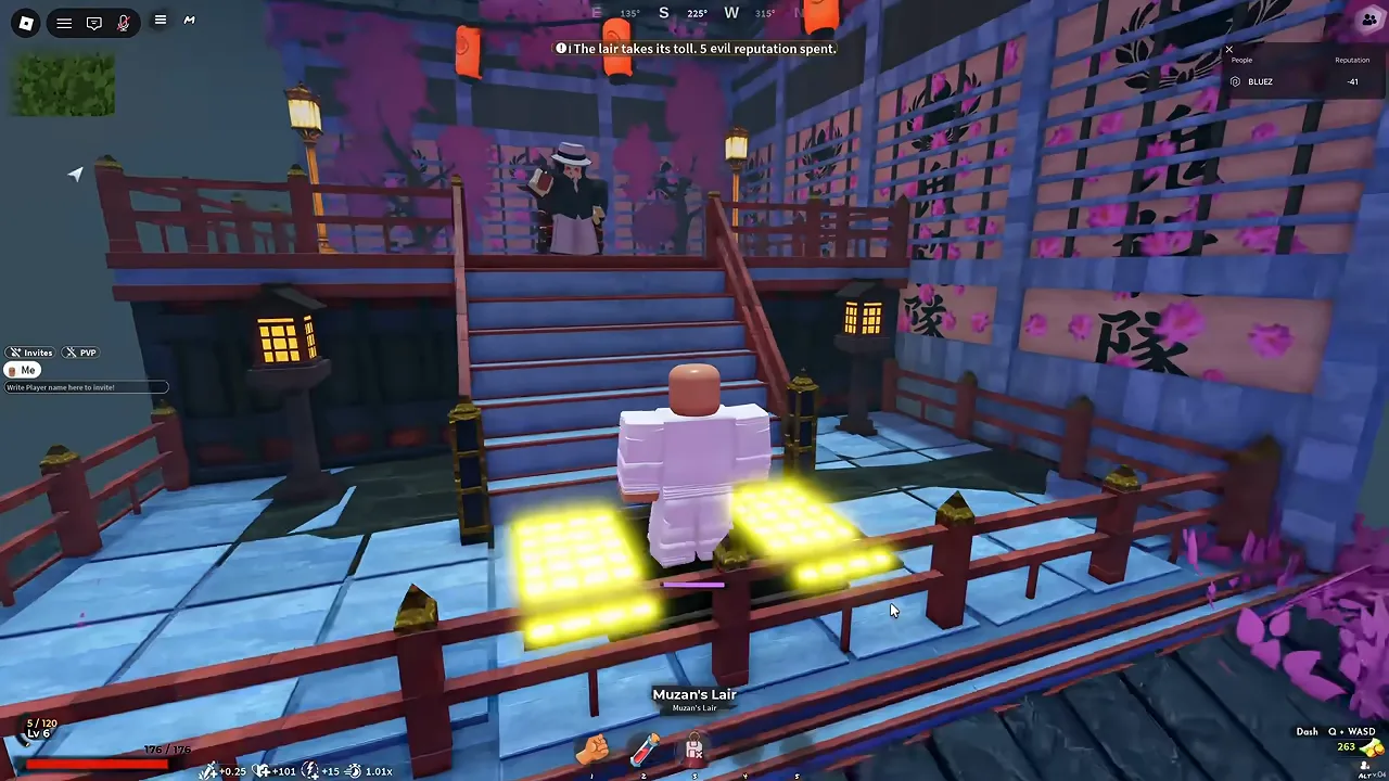 The player arriving on a lantern-lit wooden balcony, with a message at the top of the screen