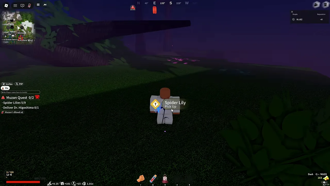 A player at night standing over a Spider Lily with a Pick Up prompt