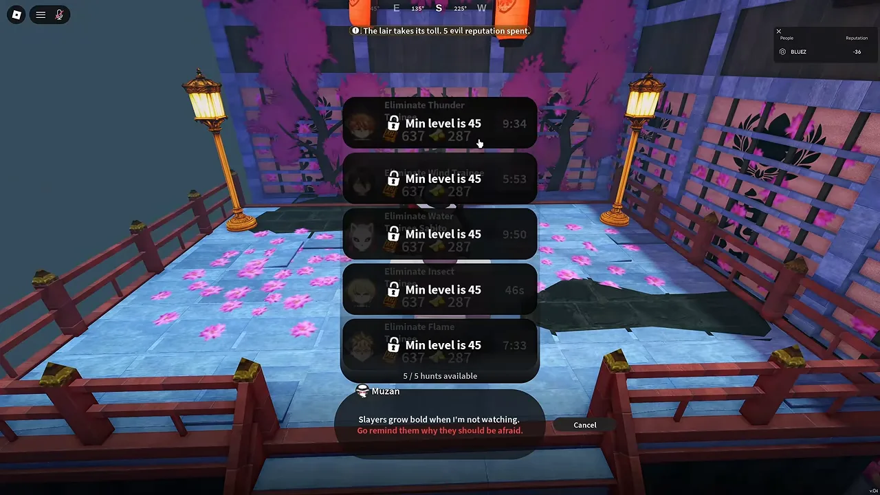A list of five locked hunt tasks over the lair balcony