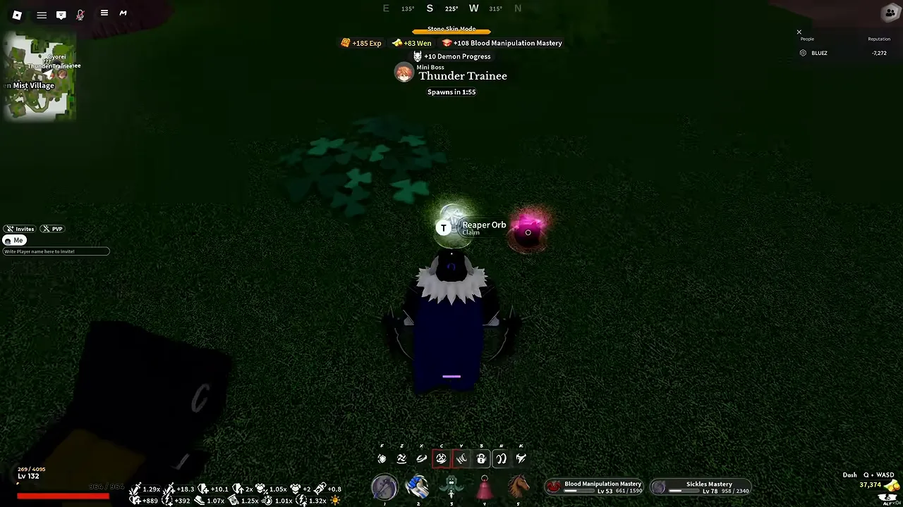 A demon player at night beside a glowing orb with a Claim prompt, after beating a mini boss