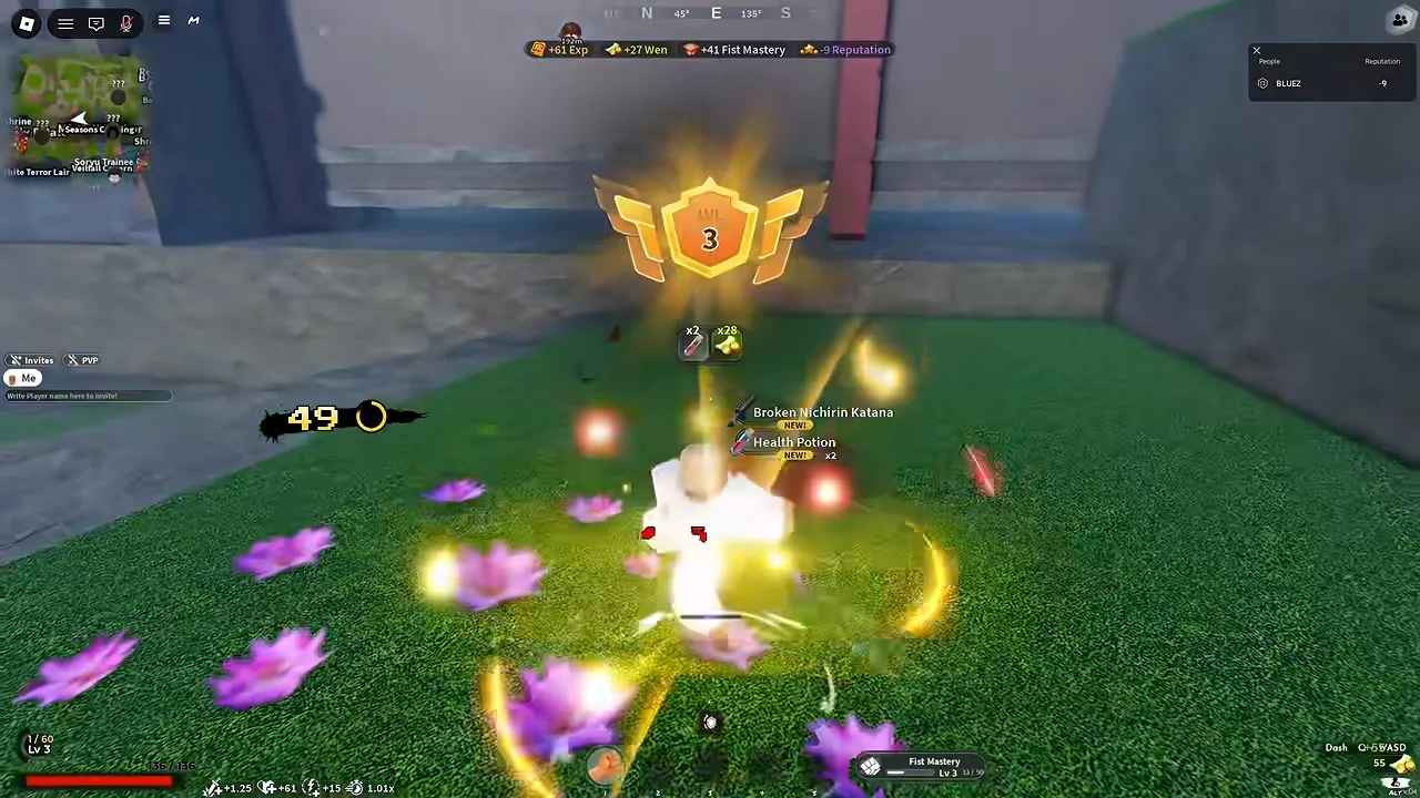 Reward bar after a kill showing minus 9 reputation, with a reputation panel in the top-right corner