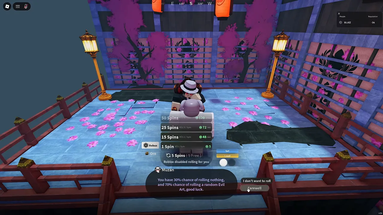 Muzan's spin panel with Robux packs, a free spin count and a notice that rolling is disabled