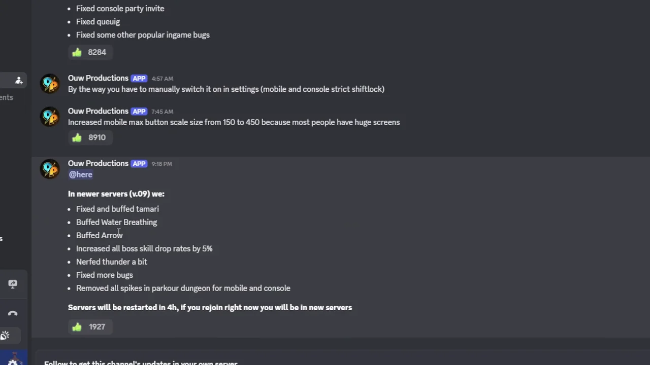 A Discord announcement from Ouw Productions listing the v.09 server changes