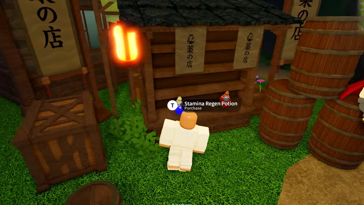 A small potion stall under Japanese banners with a purchase prompt