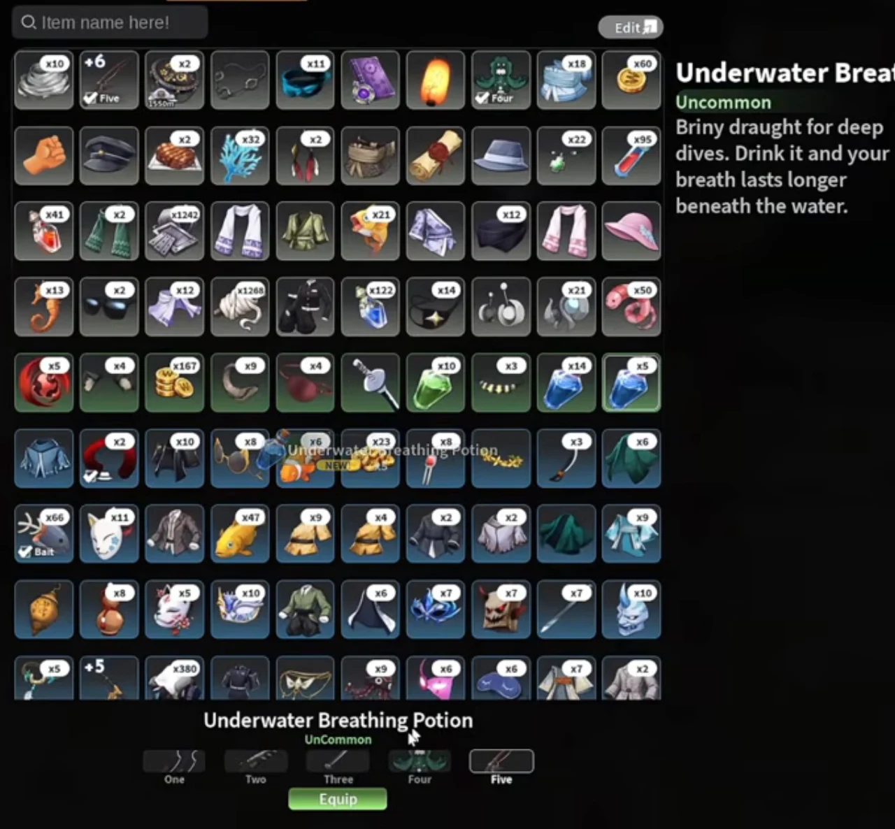 An inventory card for the Underwater Breathing Potion with slot buttons