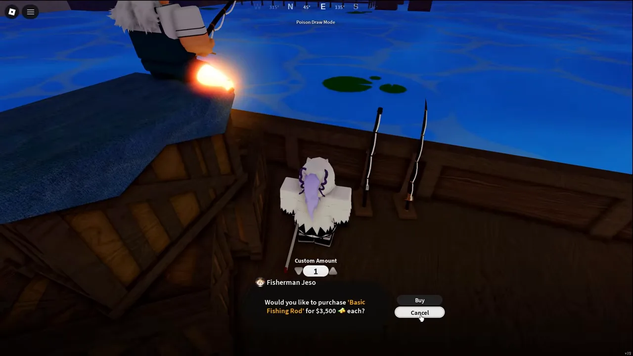 A player at a rod rack on the pier with a purchase dialog