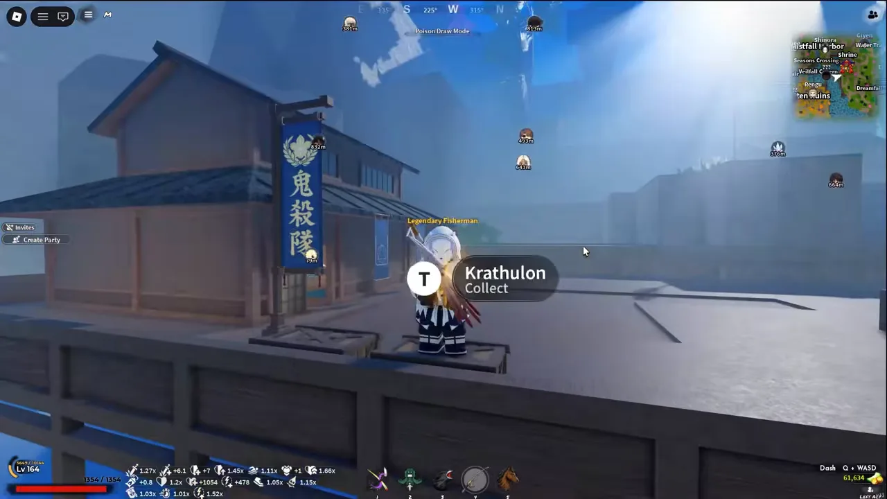 A player on a quay with a collect prompt for a fish