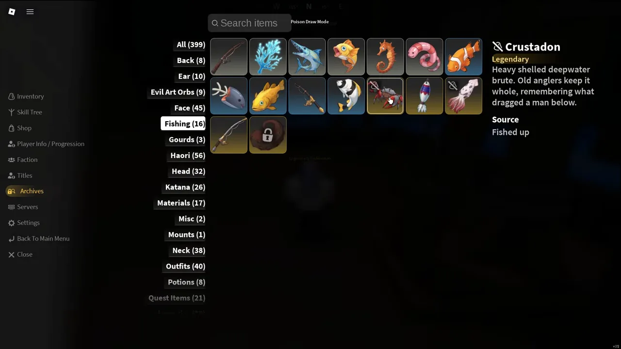 An Archives card for a legendary crab-like fish
