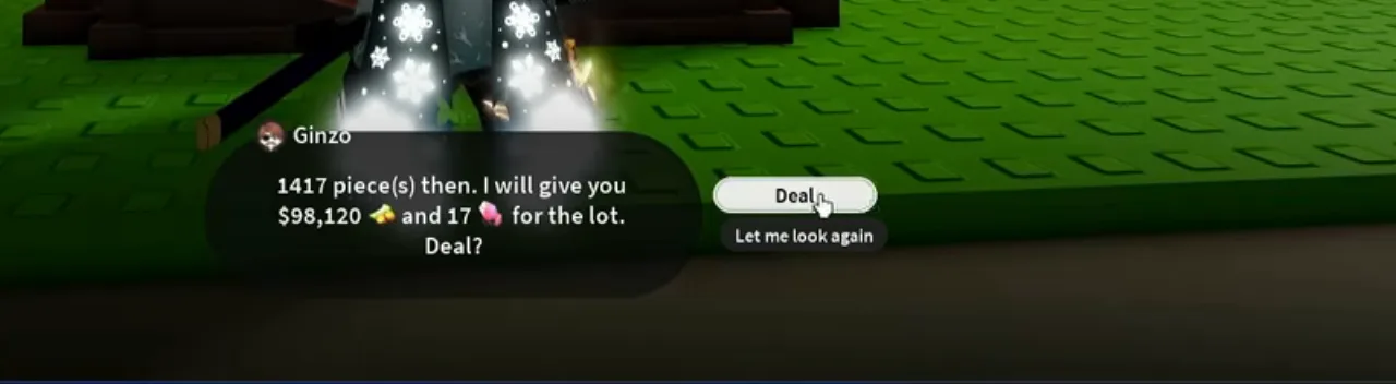 A trader's dialog offering Wen and ore for a large stack of items