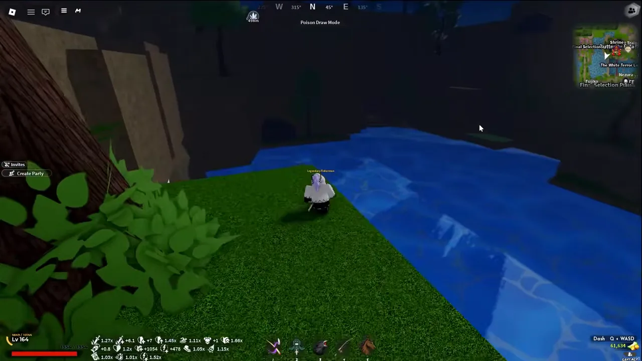 A player on a grassy ledge beside a tree above a river at night