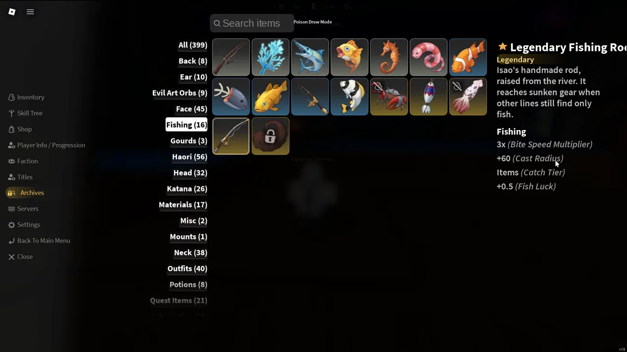 The Archives fishing tab with sixteen icons and the Legendary Fishing Rod's card