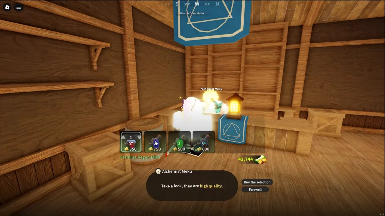 An alchemist's shop with four potions on a shelf